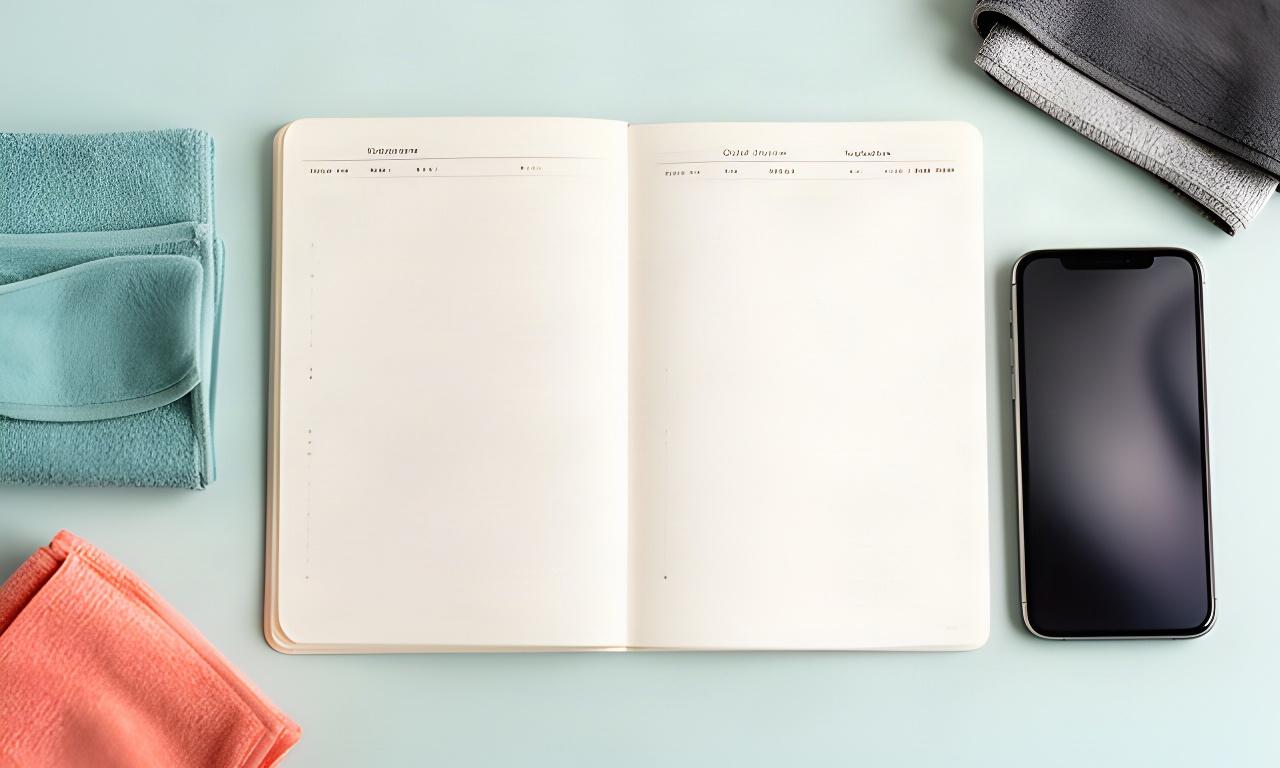 Open scheduling notebook beside a phone and neatly folded cleaning cloths
