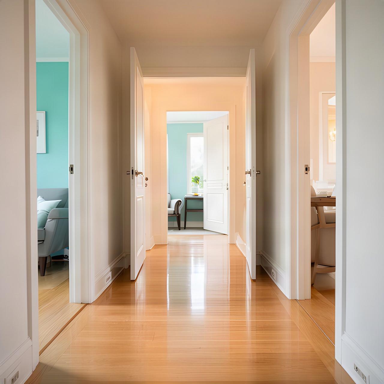 Orderly home hallway with clean floors and open doors during a residential service