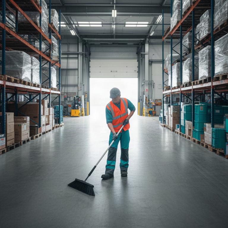 Industrial warehouse aisle being swept around loading and storage areas