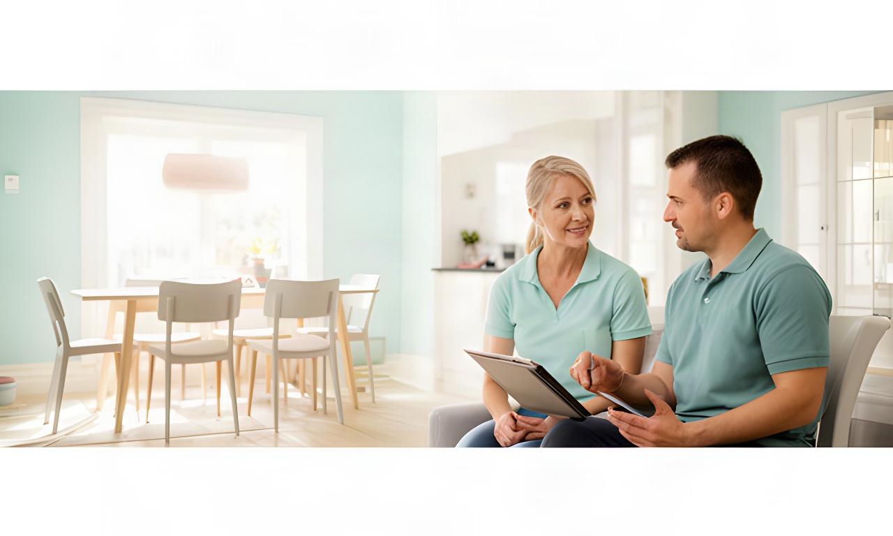 Homeowner and cleaning professional discussing a move cleaning appointment in a bright dining room