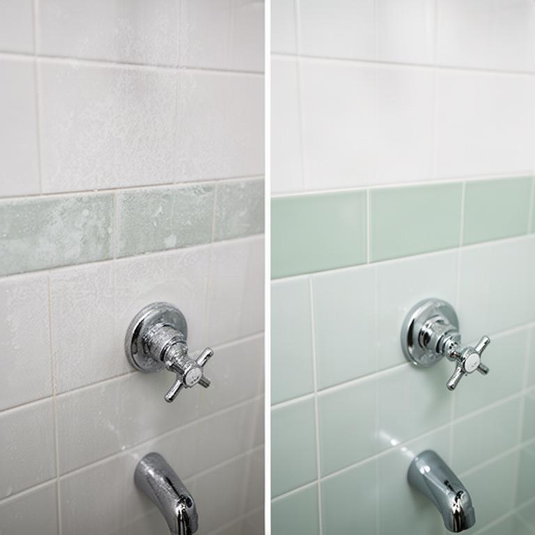 Before and after bathroom cleaning showing bright tile and polished fixtures