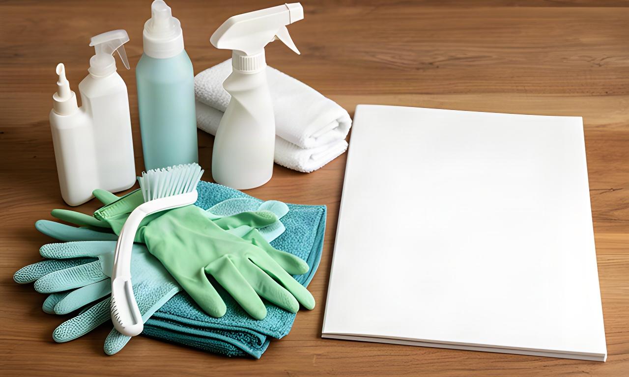 Cleaning supplies arranged neatly on a wood table beside a simple service planning notebook