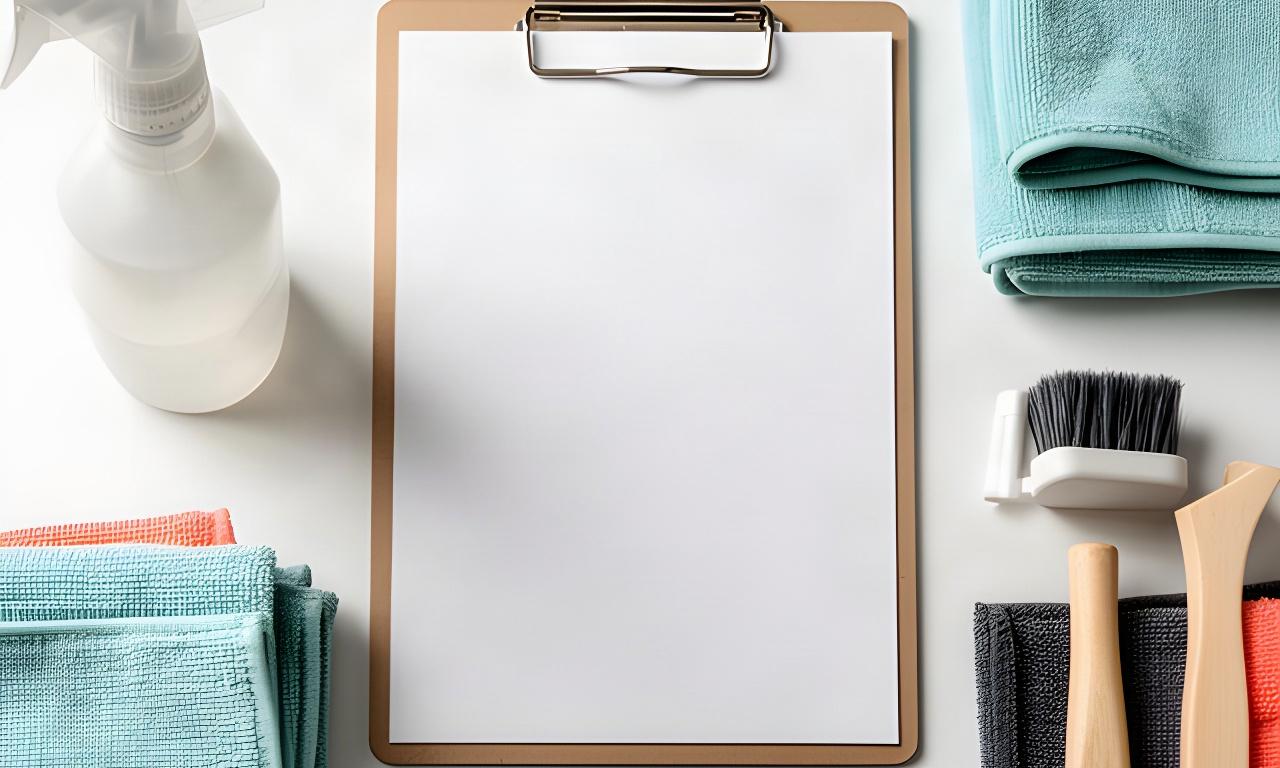 Detailed cleaning checklist on a clipboard beside folded microfiber cloths