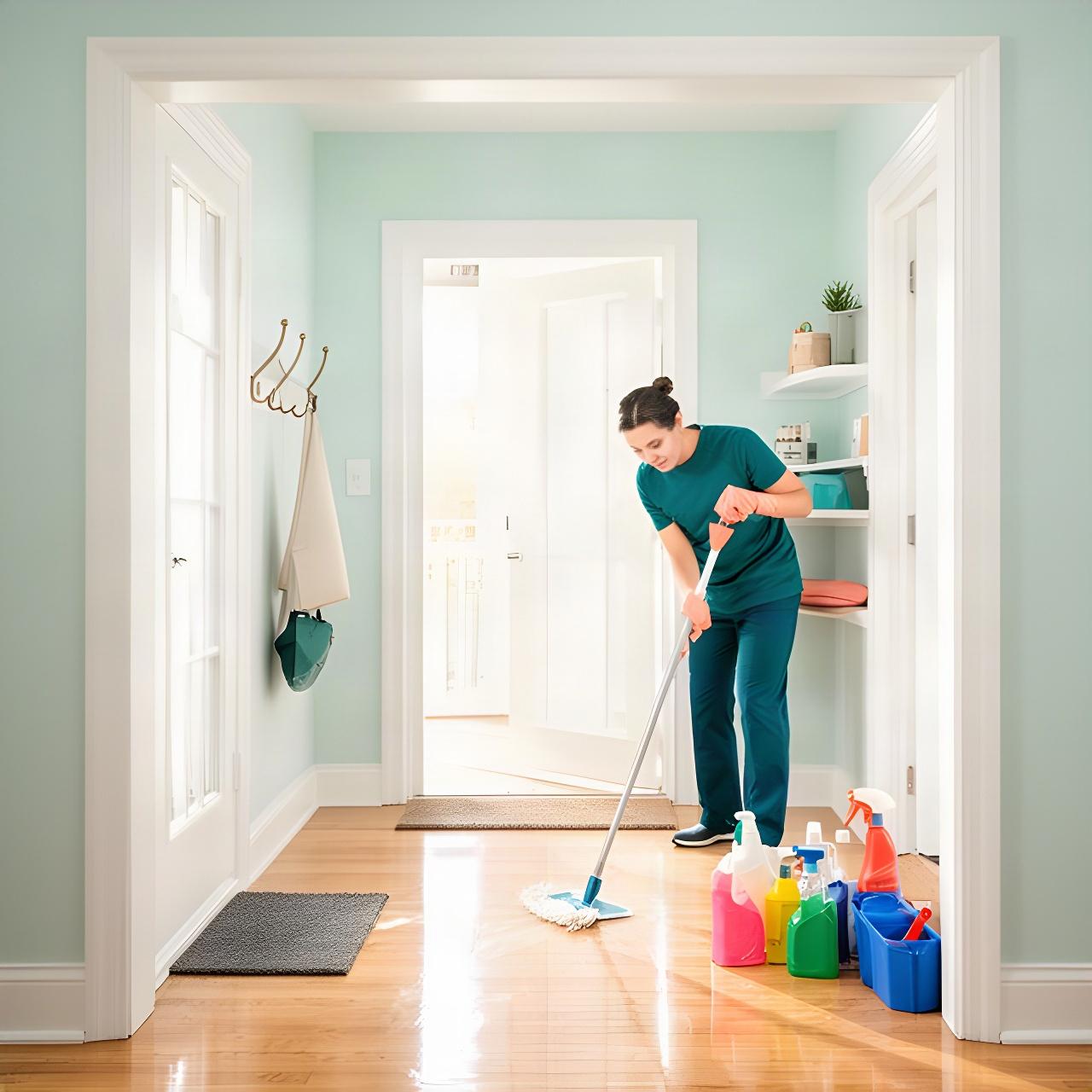 Cleaning professional wiping a bright Bartlesville home entryway beside organized supplies