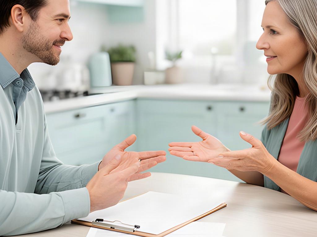 Cleaner discussing a detailed home cleaning estimate at a kitchen table