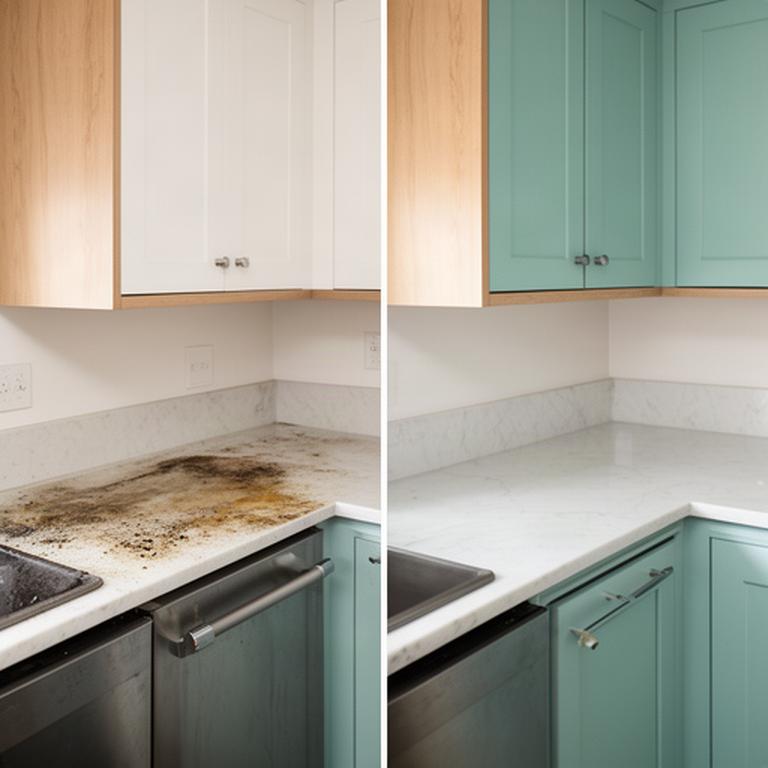 Before and after kitchen cleaning detail showing restored counters and cabinet fronts