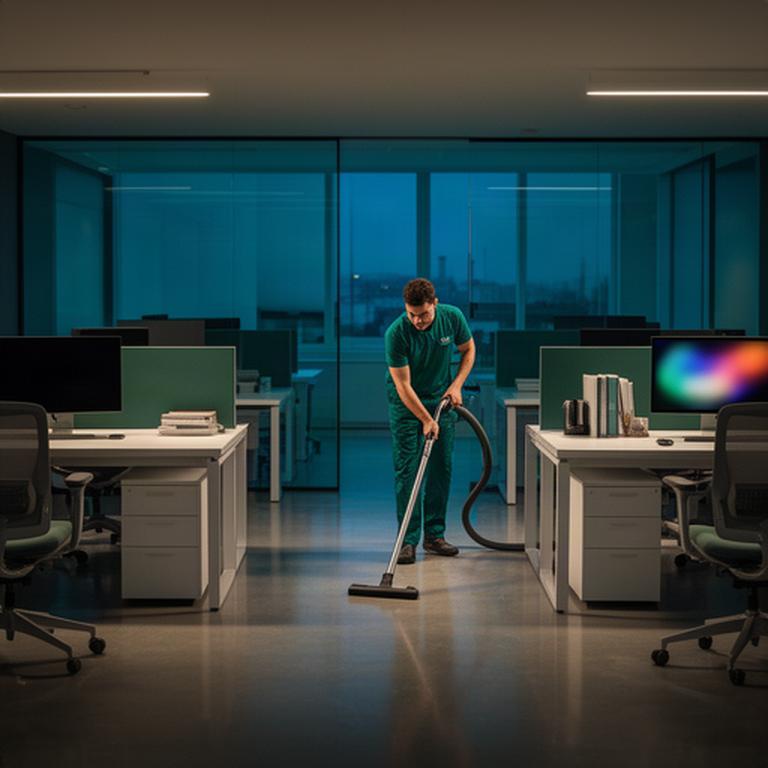 Janitorial worker vacuuming a modern office after business hours