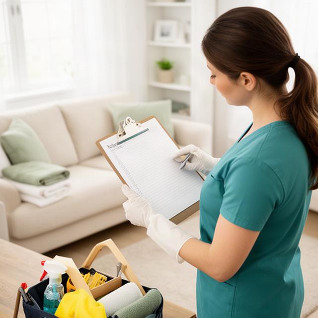 Cleaner checking a detailed service checklist inside a tidy living room