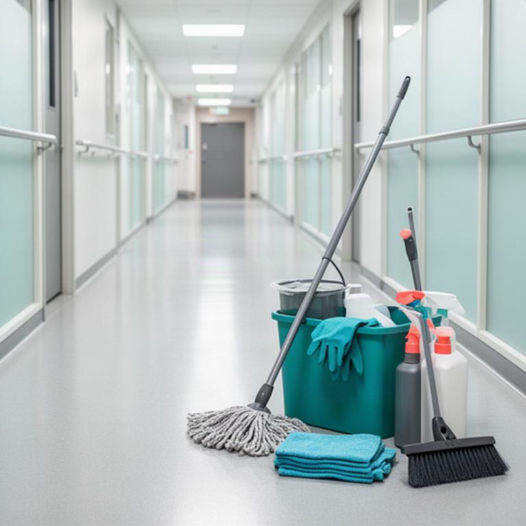 Organized janitorial equipment beside a clean commercial hallway