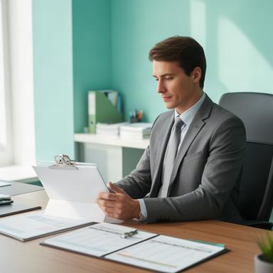 Maria Lopez reviewing a cleaning schedule at an office desk