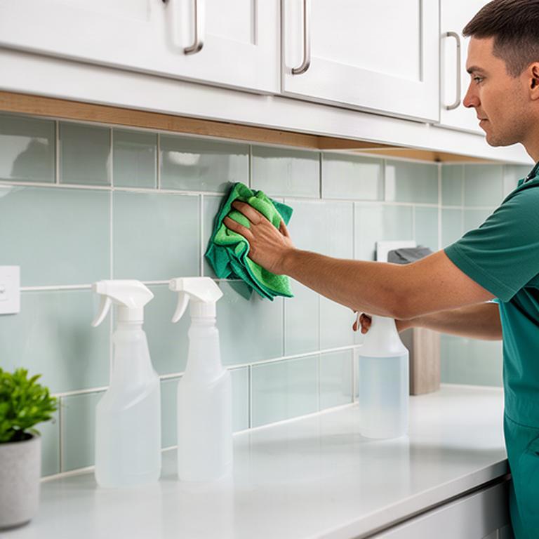 Detailed deep cleaning of kitchen cabinets and tiled backsplash with fresh supplies nearby