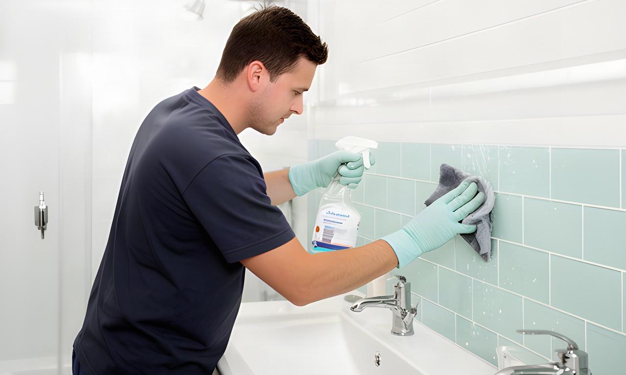 Cleaning professional scrubbing tile in a bright bathroom during a detailed deep clean