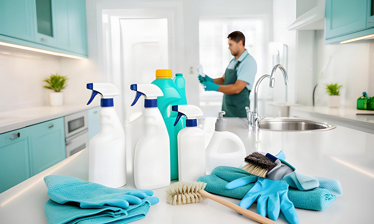 Cleaner preparing supplies for a detailed kitchen and bathroom service
