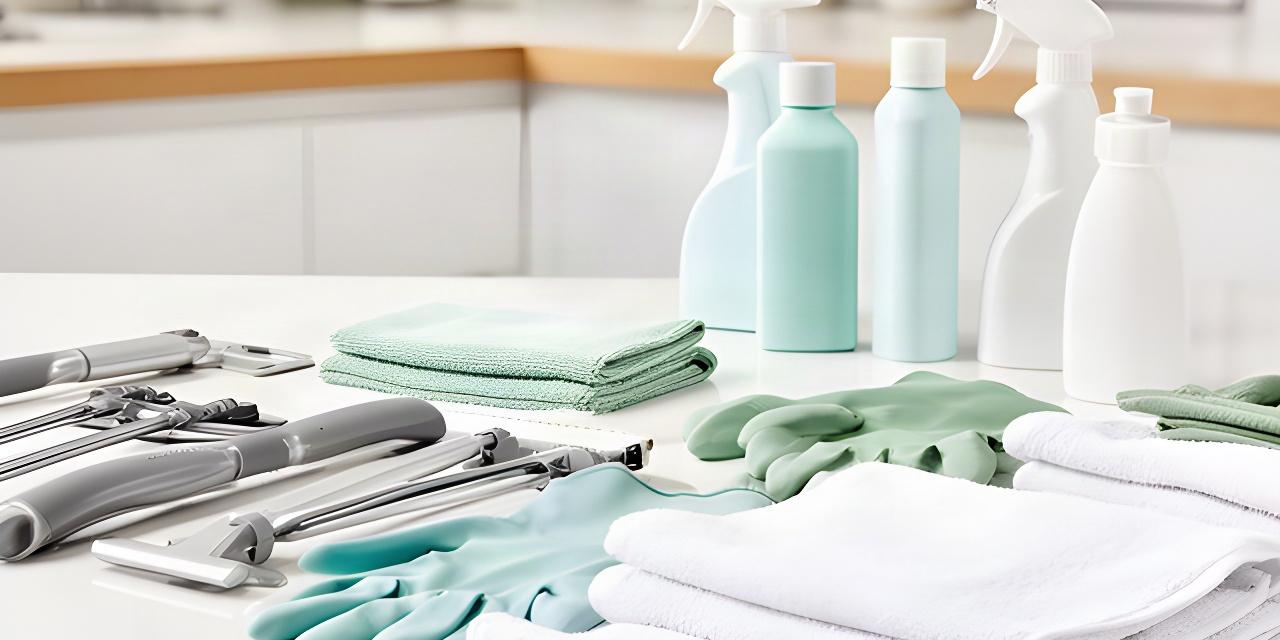 Neatly arranged cleaning tools and folded white towels on a polished counter
