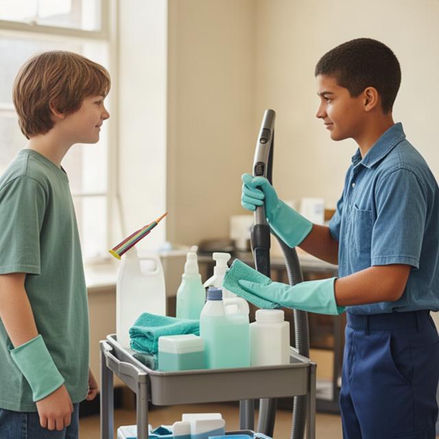 High school student observing a cleaner prepare professional equipment