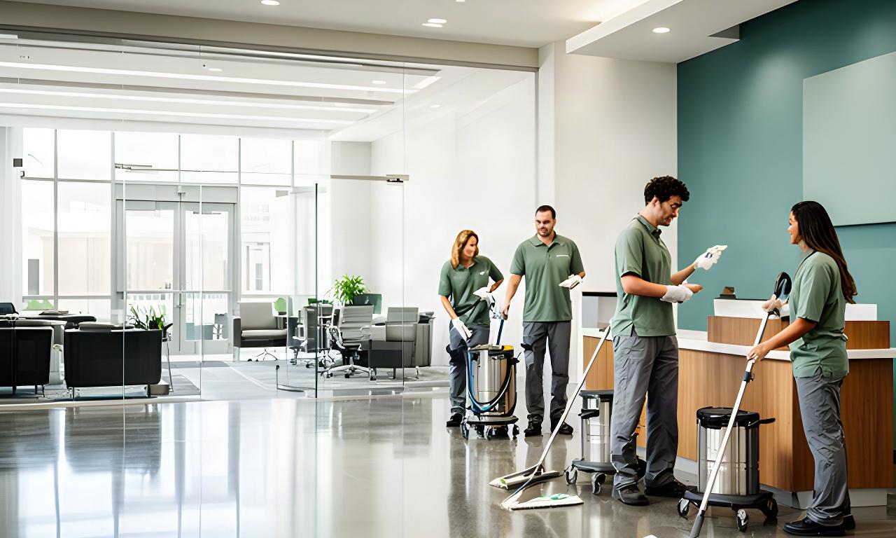 Cleaning professionals preparing an office lobby in an Oklahoma business facility