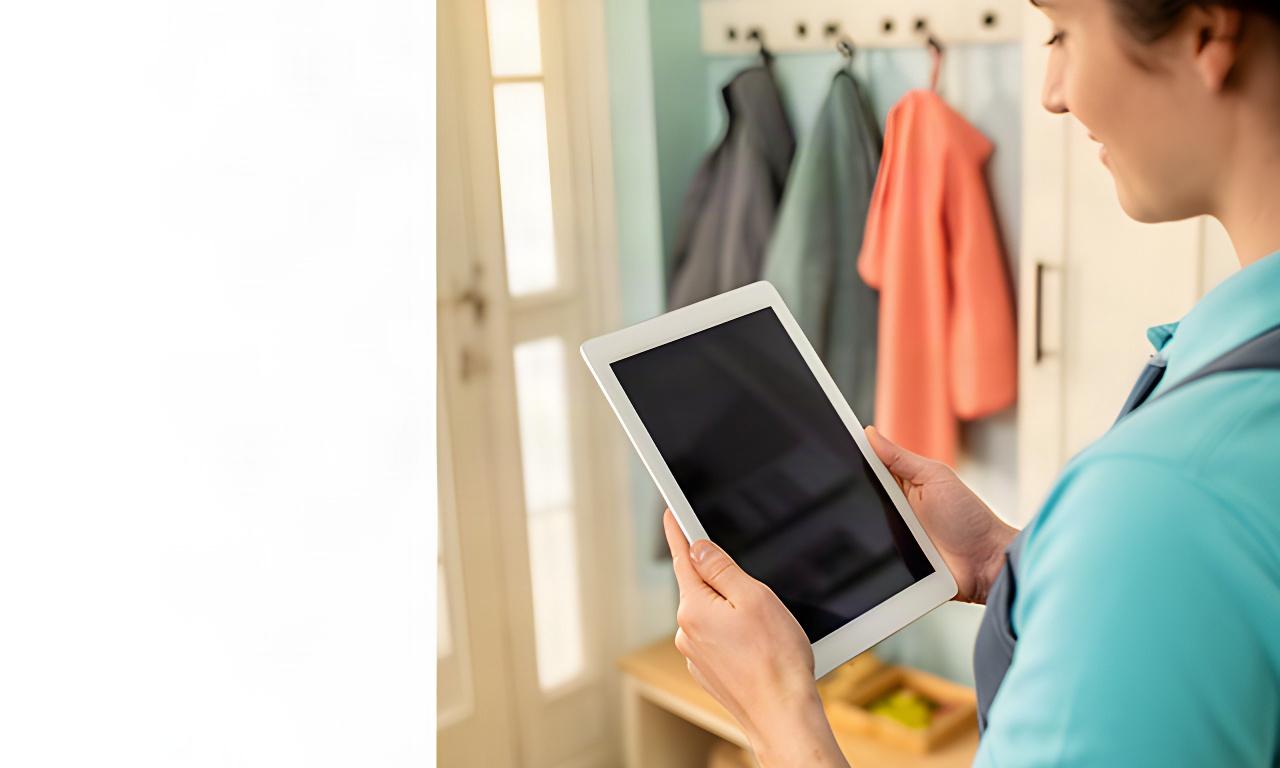 Cleaner holding a tablet while reviewing a home cleaning estimate in a tidy entryway