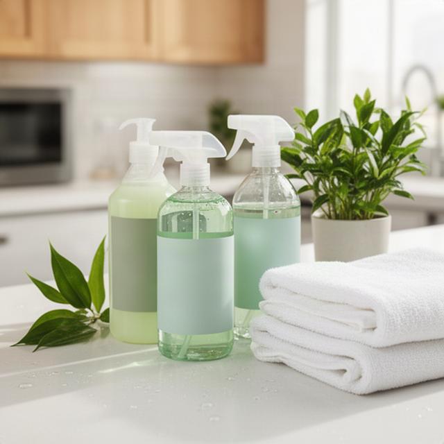 Plant-based cleaning products arranged on a kitchen counter beside fresh towels