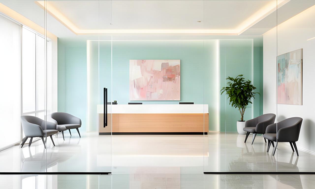 Bright, well-maintained business reception area with clean glass and polished floors
