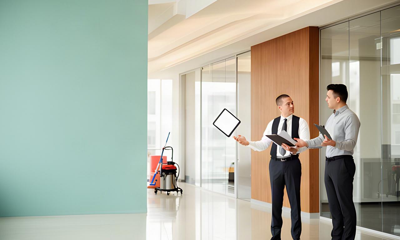 Cleaning professional discussing a commercial site walkthrough with a facility manager