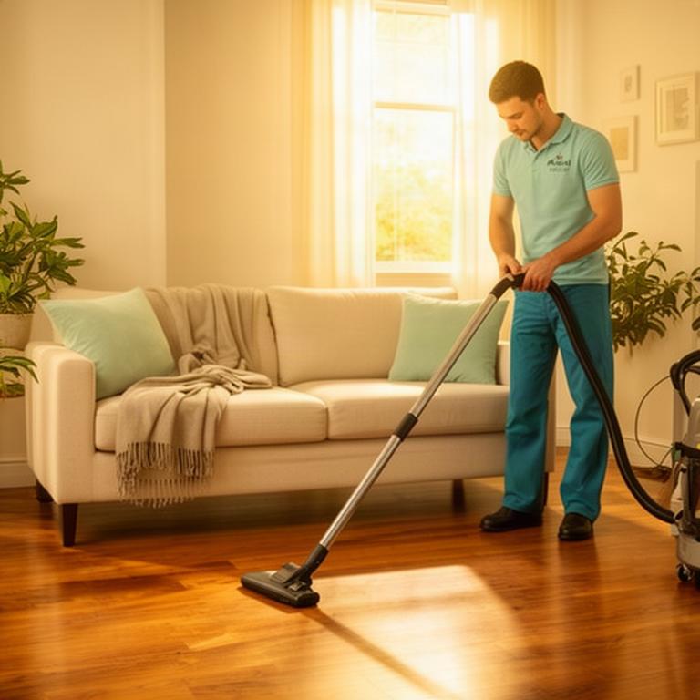 Cleaner vacuuming a sunlit living room with a neat sofa and hardwood floor