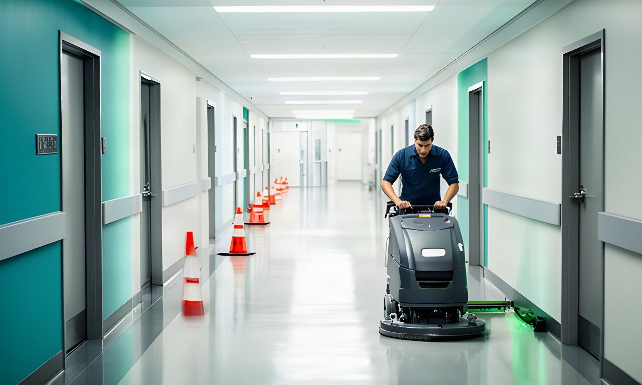 Janitorial professional operating a floor care machine on a commercial hallway