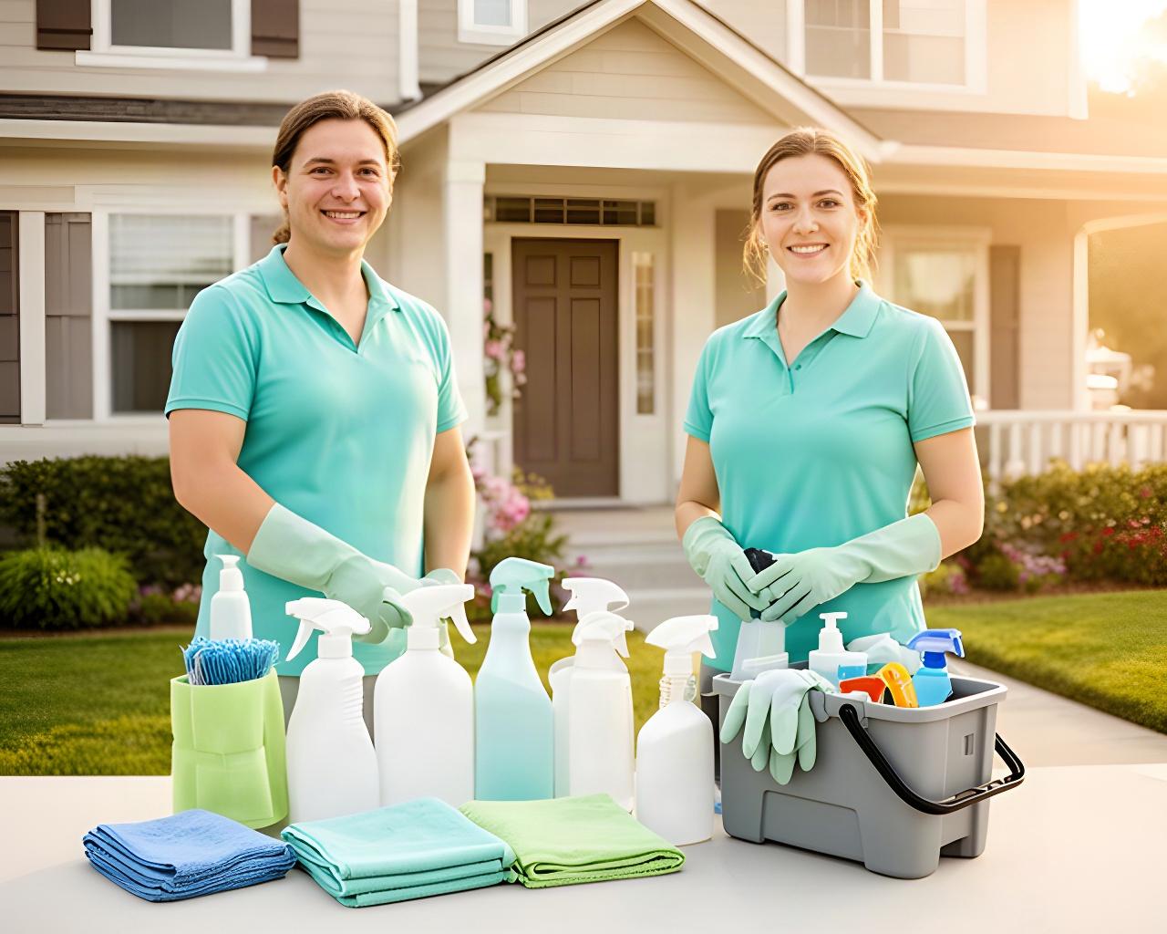 Two cleaning professionals preparing supplies beside a bright Bartlesville home