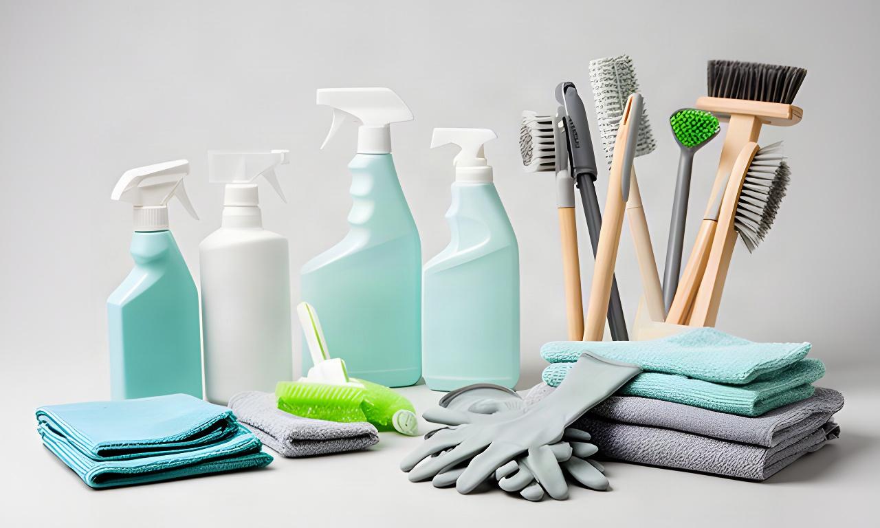 Organized cleaning supplies arranged for residential and commercial service options