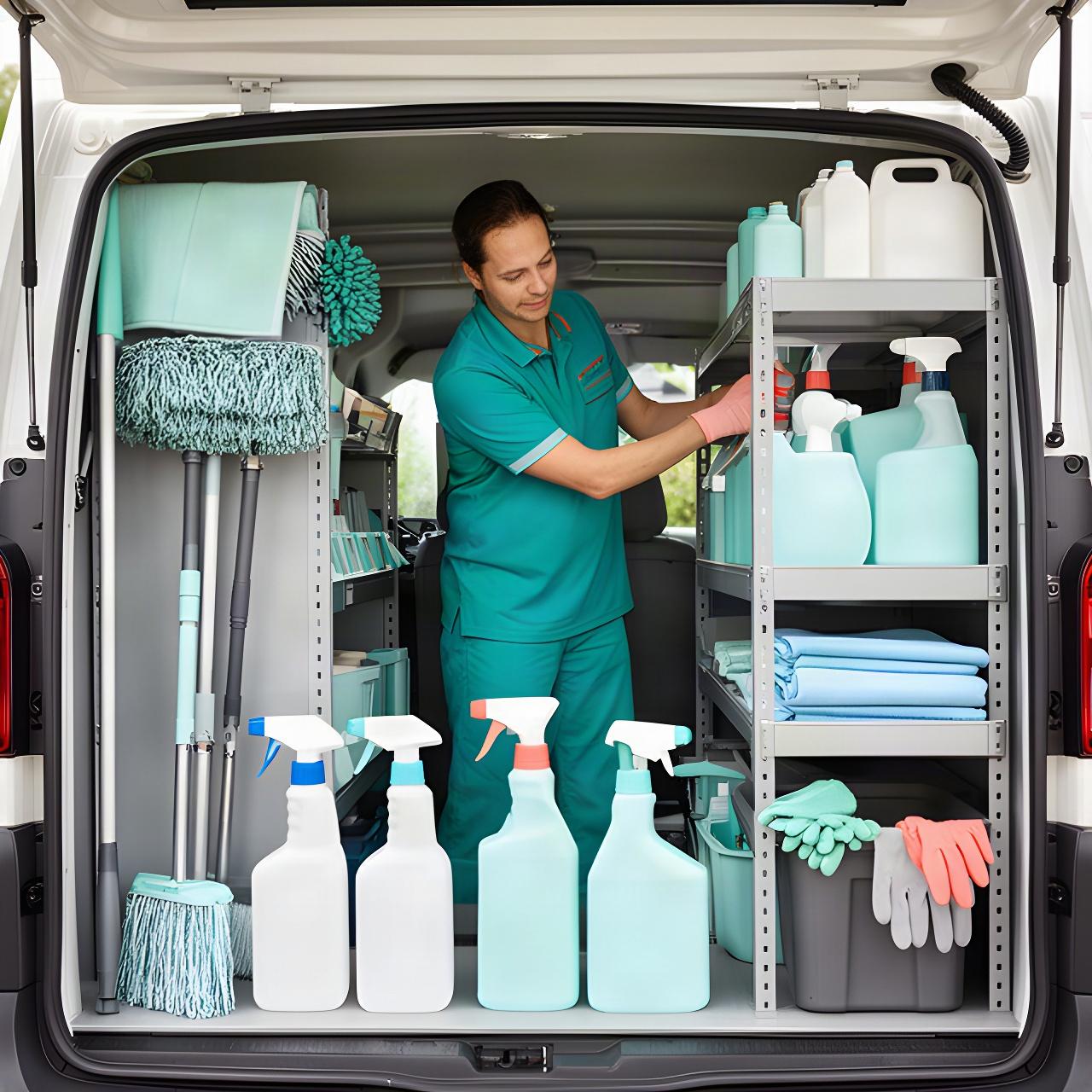 Cleaning team member arranging labeled equipment and supplies in a tidy service vehicle