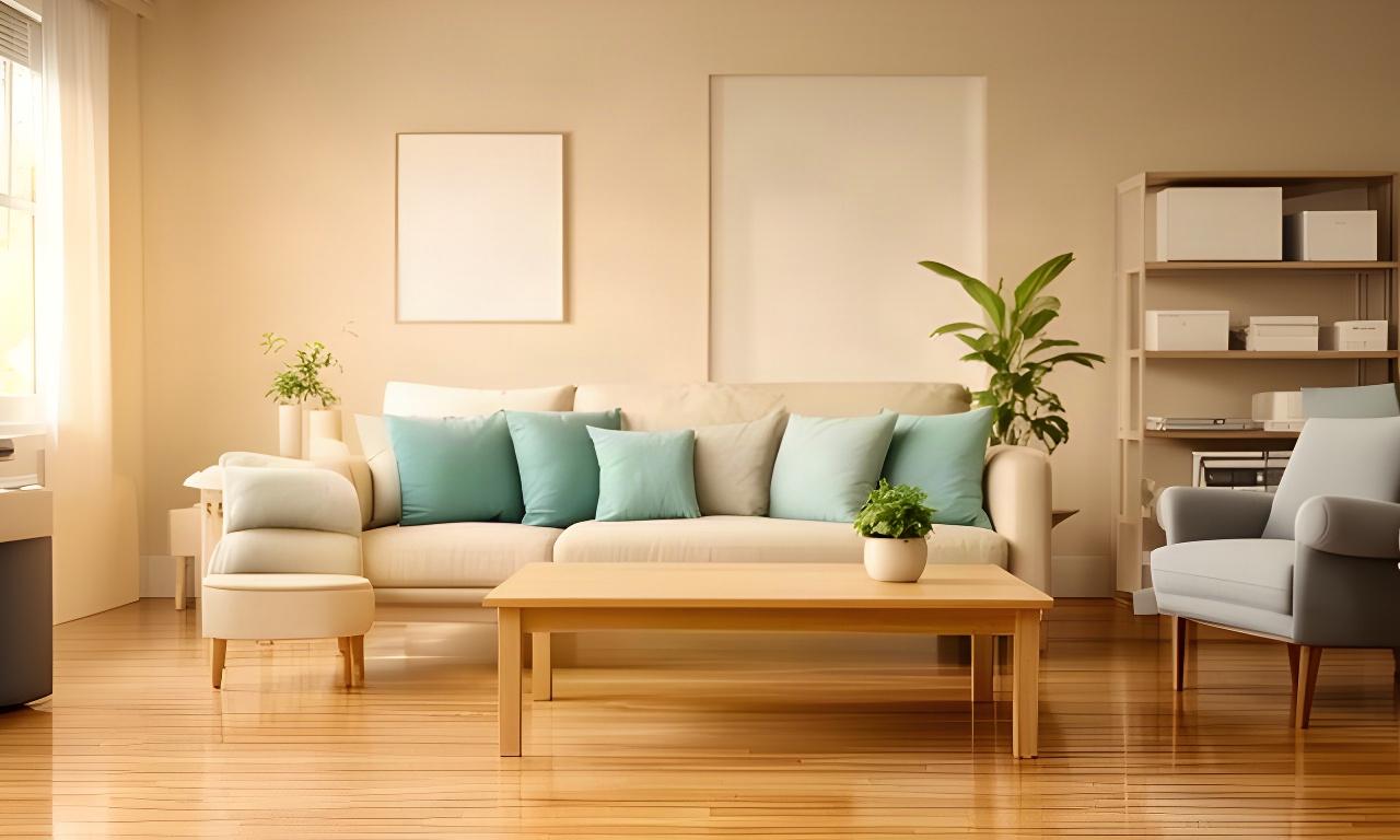 Neat living room with clear surfaces and neatly arranged furniture after service